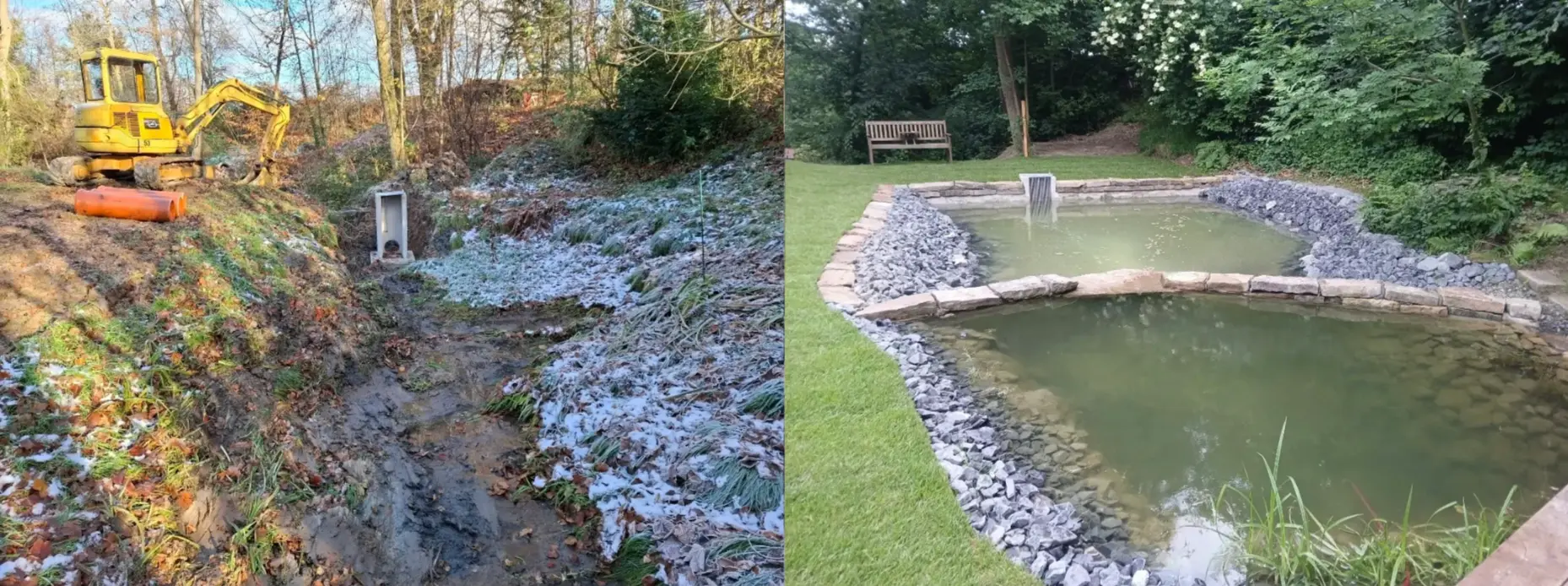 Neuer Gartenteich mit Bachlauf und Springbrunnen
